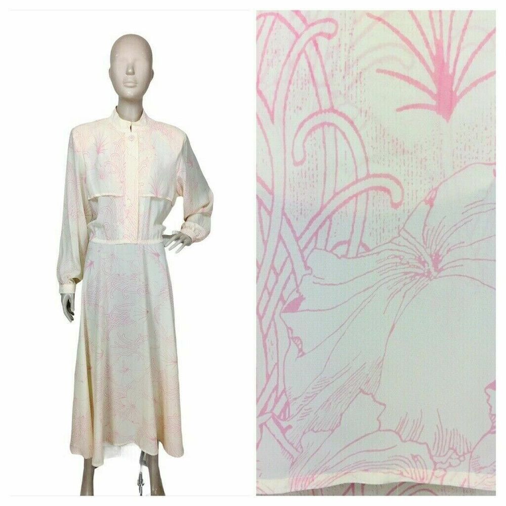 Vintage 70s Leslie Fay Sketch Floral Vented Long Maxi Day Dress Plus L/XL/XXL